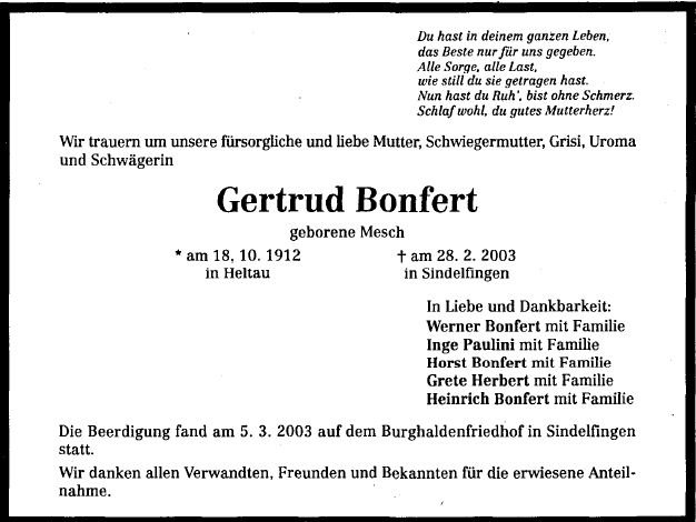 Mesch Gertrud 1912-2003 Todesanzeige